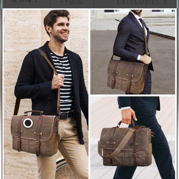 Newhey Messenger Briefcase Leather Waved  Canvas  Large 15.6" Brown - Picture 7 of 16